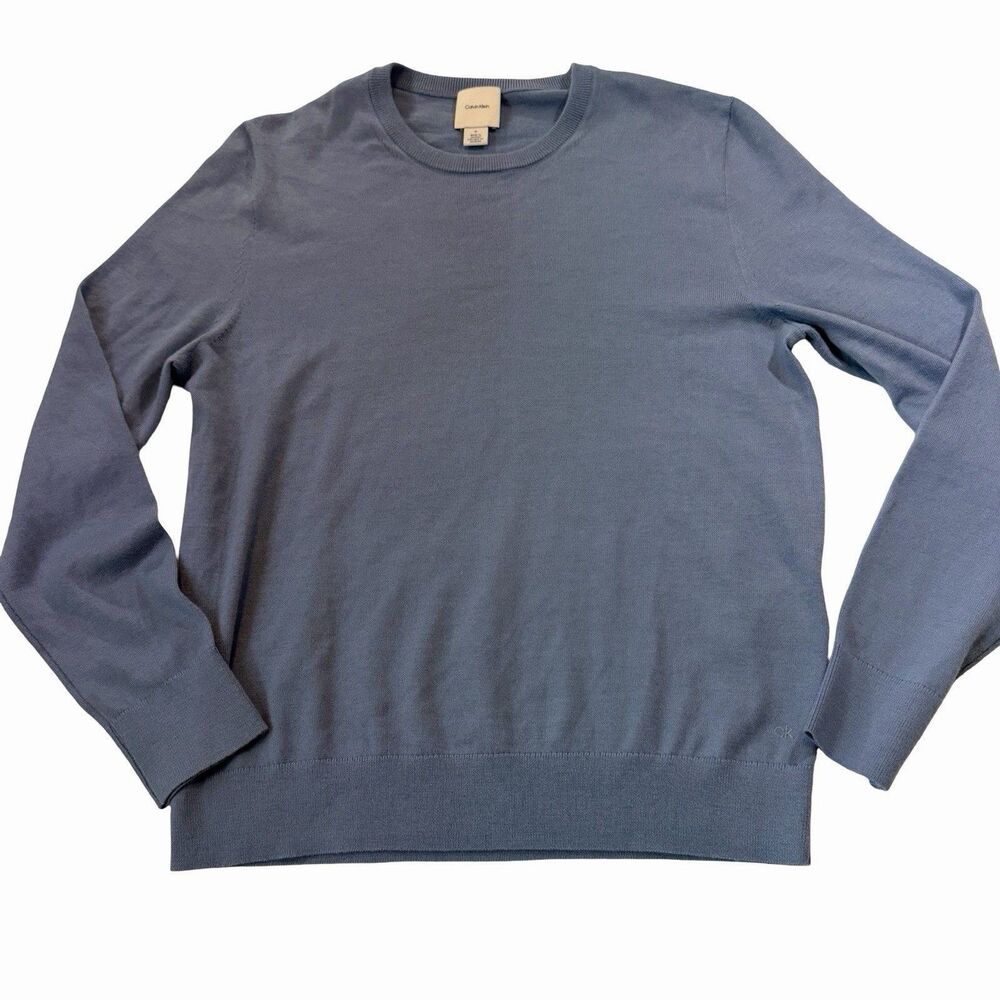 CALVIN KLEIN Sweater Men's Medium Blue Crew Neck Long Sleeve Lightweight Wool